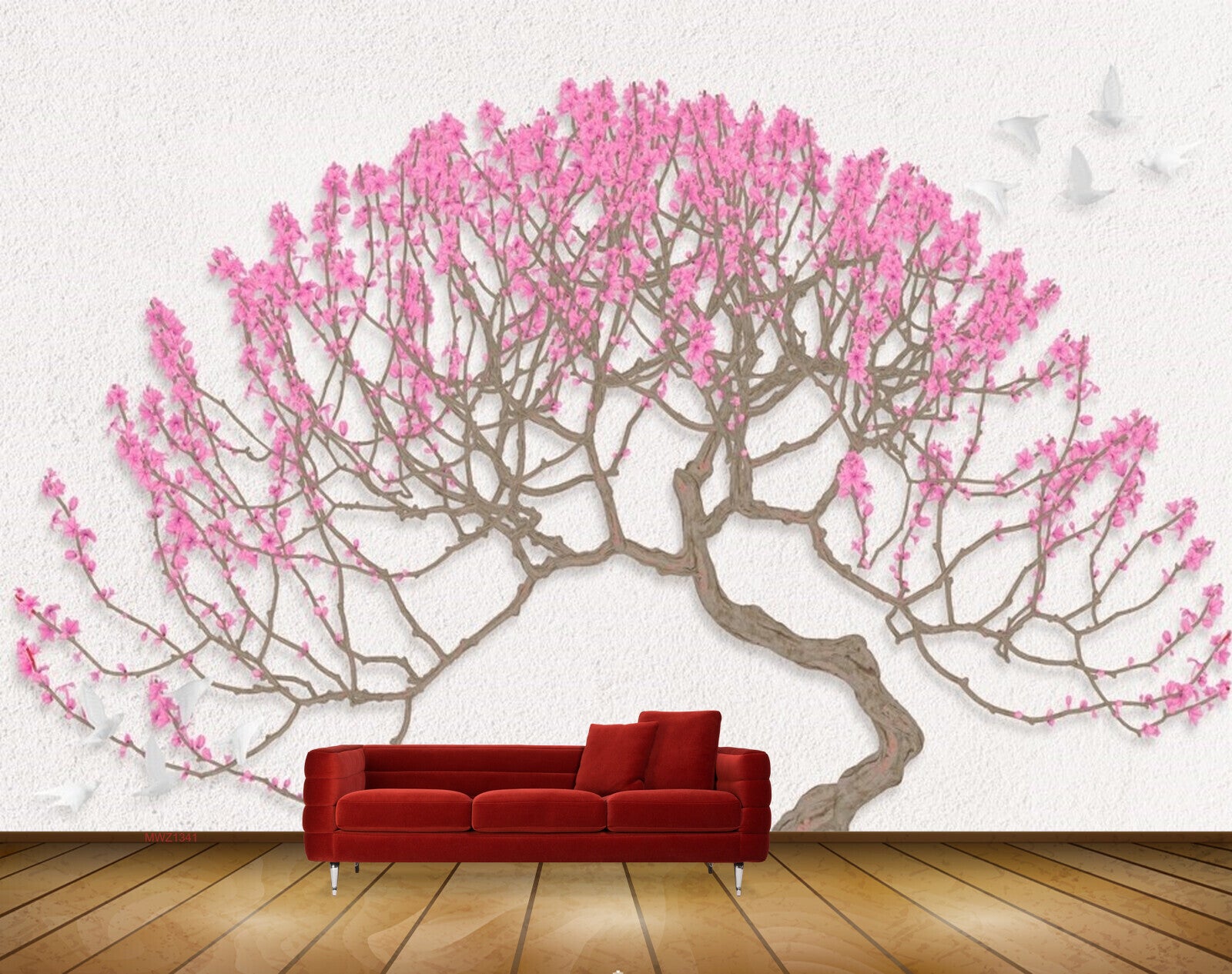 Avikalp MWZ1341 Tree Pink Flowers Birds 3D HD Wallpaper
