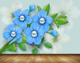 Avikalp MWZ1343 Blue Flowers Leaves 3D HD Wallpaper