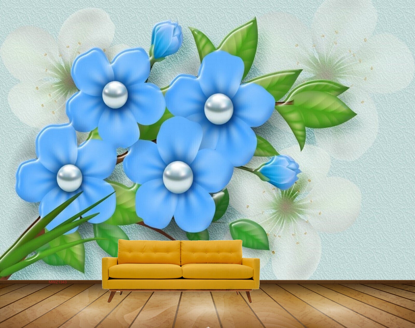 Avikalp MWZ1343 Blue Flowers Leaves 3D HD Wallpaper