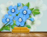 Avikalp MWZ1343 Blue Flowers Leaves 3D HD Wallpaper