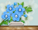 Avikalp MWZ1343 Blue Flowers Leaves 3D HD Wallpaper