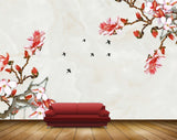 Avikalp MWZ1353 Red White Flowers Birds Branches HD Wallpaper