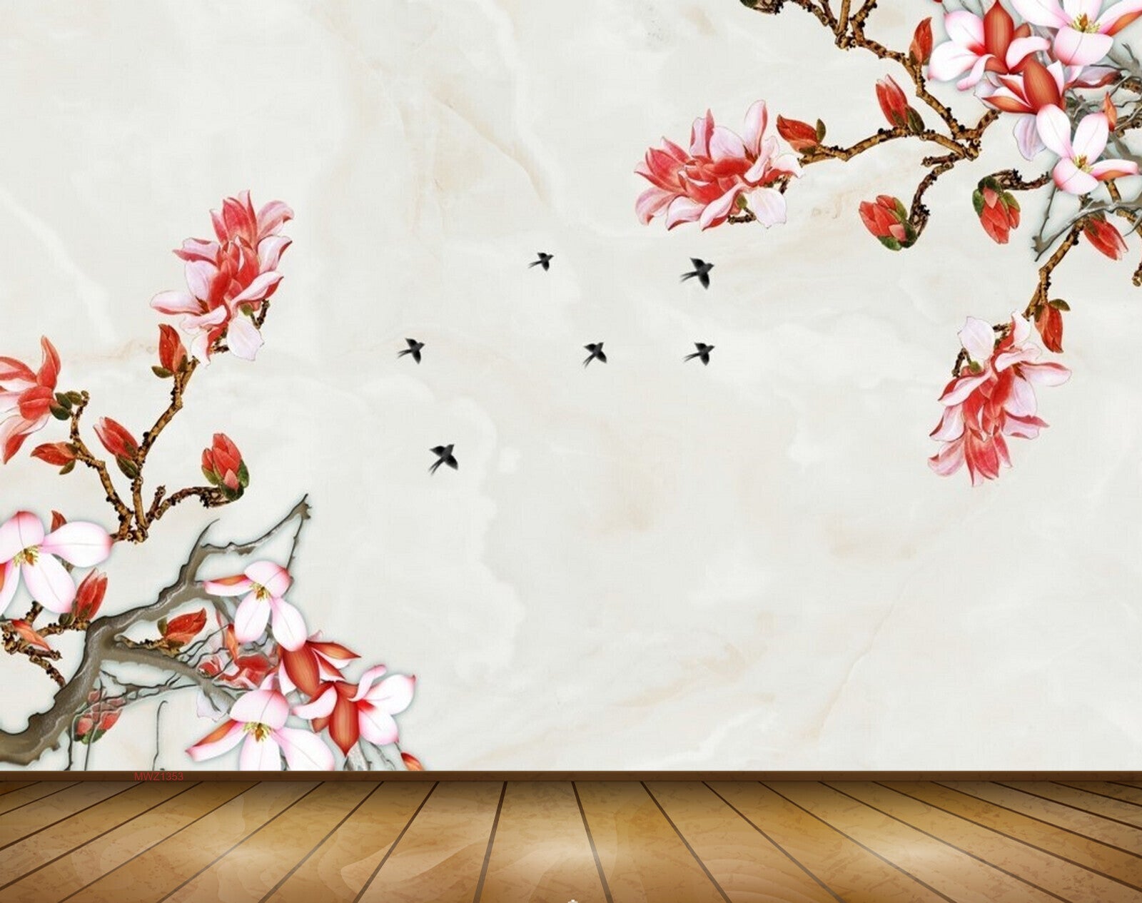 Avikalp MWZ1353 Red White Flowers Birds Branches 3D HD Wallpaper