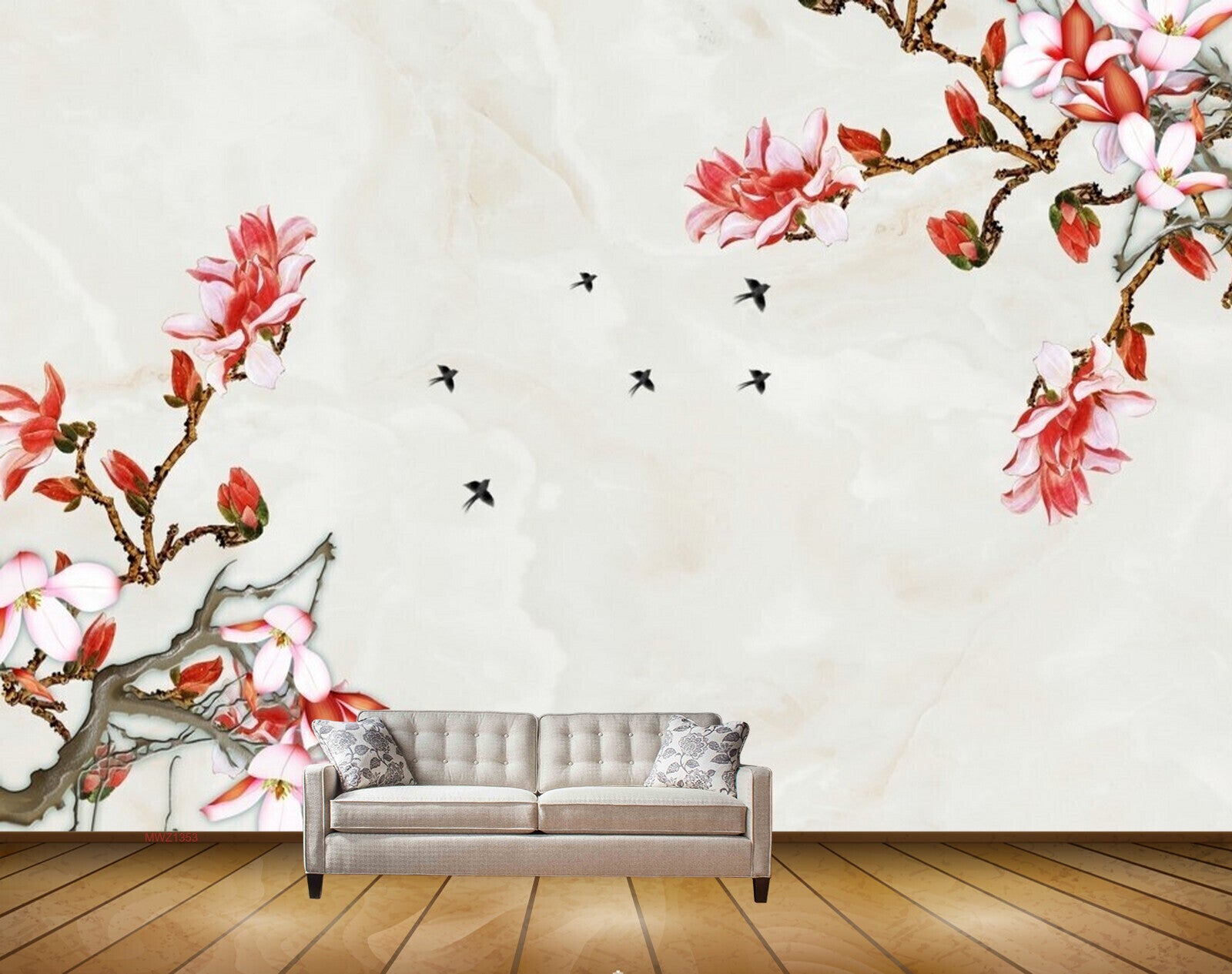 Avikalp MWZ1353 Red White Flowers Birds Branches 3D HD Wallpaper