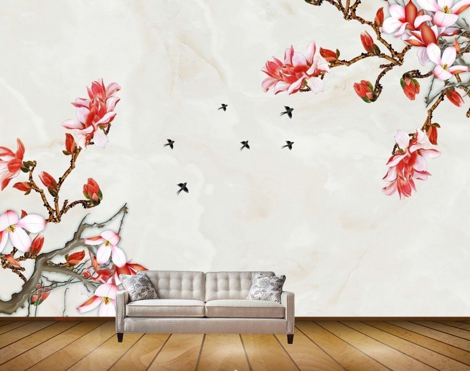 Avikalp MWZ1353 Red White Flowers Birds Branches 3D HD Wallpaper