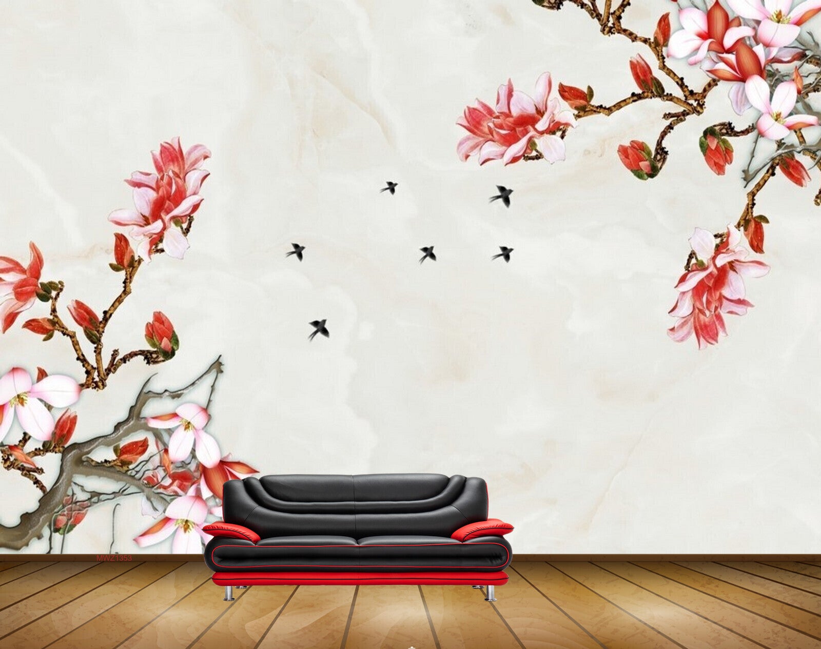Avikalp MWZ1353 Red White Flowers Birds Branches 3D HD Wallpaper