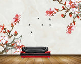 Avikalp MWZ1353 Red White Flowers Birds Branches 3D HD Wallpaper