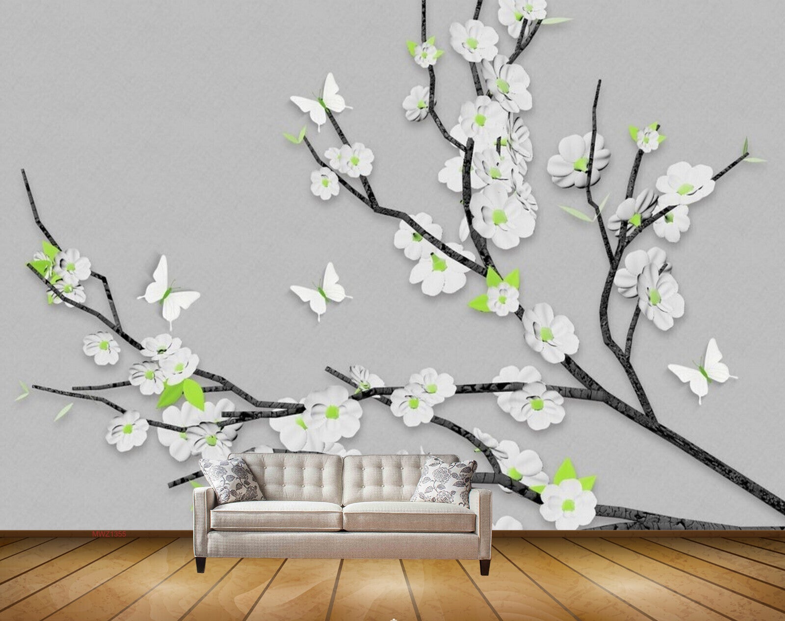 Avikalp MWZ1355 White Flowers Branches Butterflies 3D HD Wallpaper