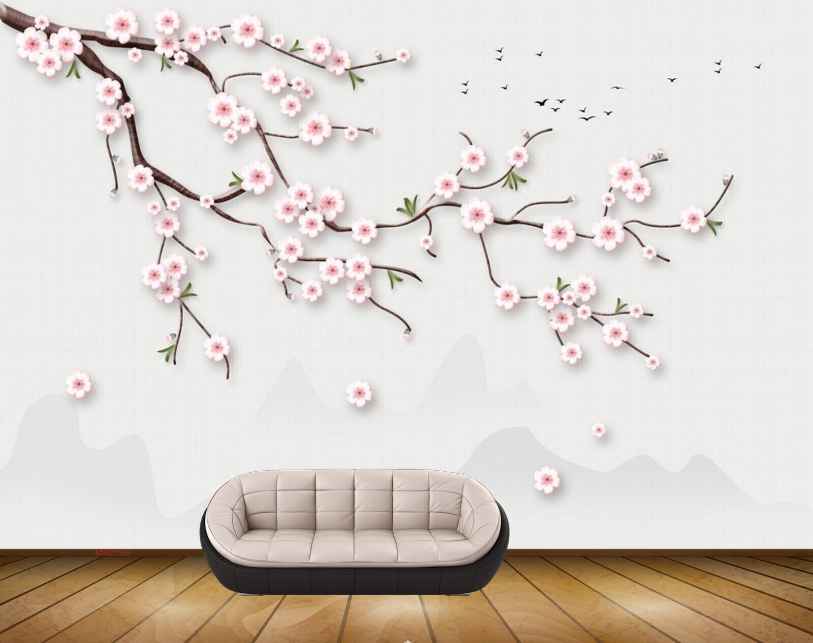 Avikalp MWZ1356 White Pink Flowers Branches Birds 3D HD Wallpaper