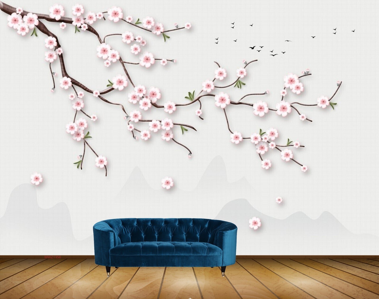 Avikalp MWZ1356 White Pink Flowers Branches Birds 3D HD Wallpaper
