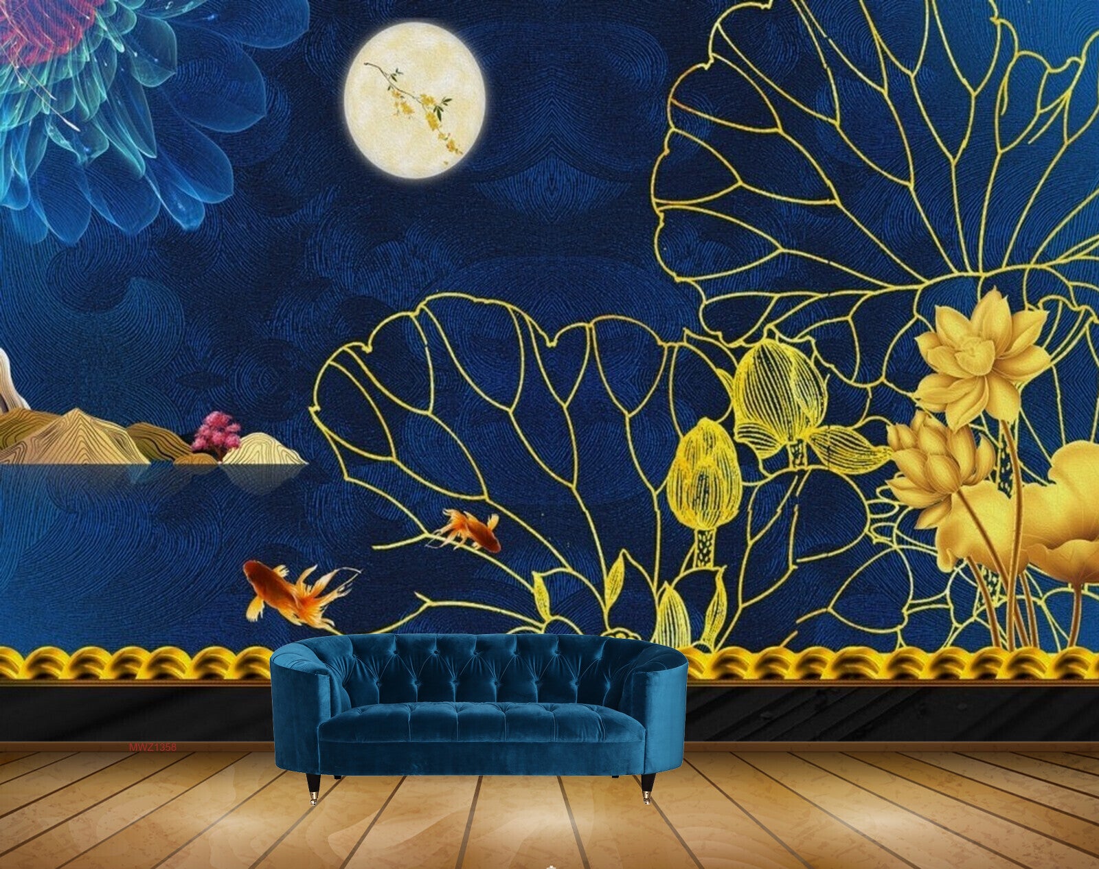 Avikalp MWZ1358 Yellow Flowers Fishes Moon HD Wallpaper