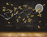Avikalp MWZ1360 Orange Flowers Branches Moon Birds 3D HD Wallpaper