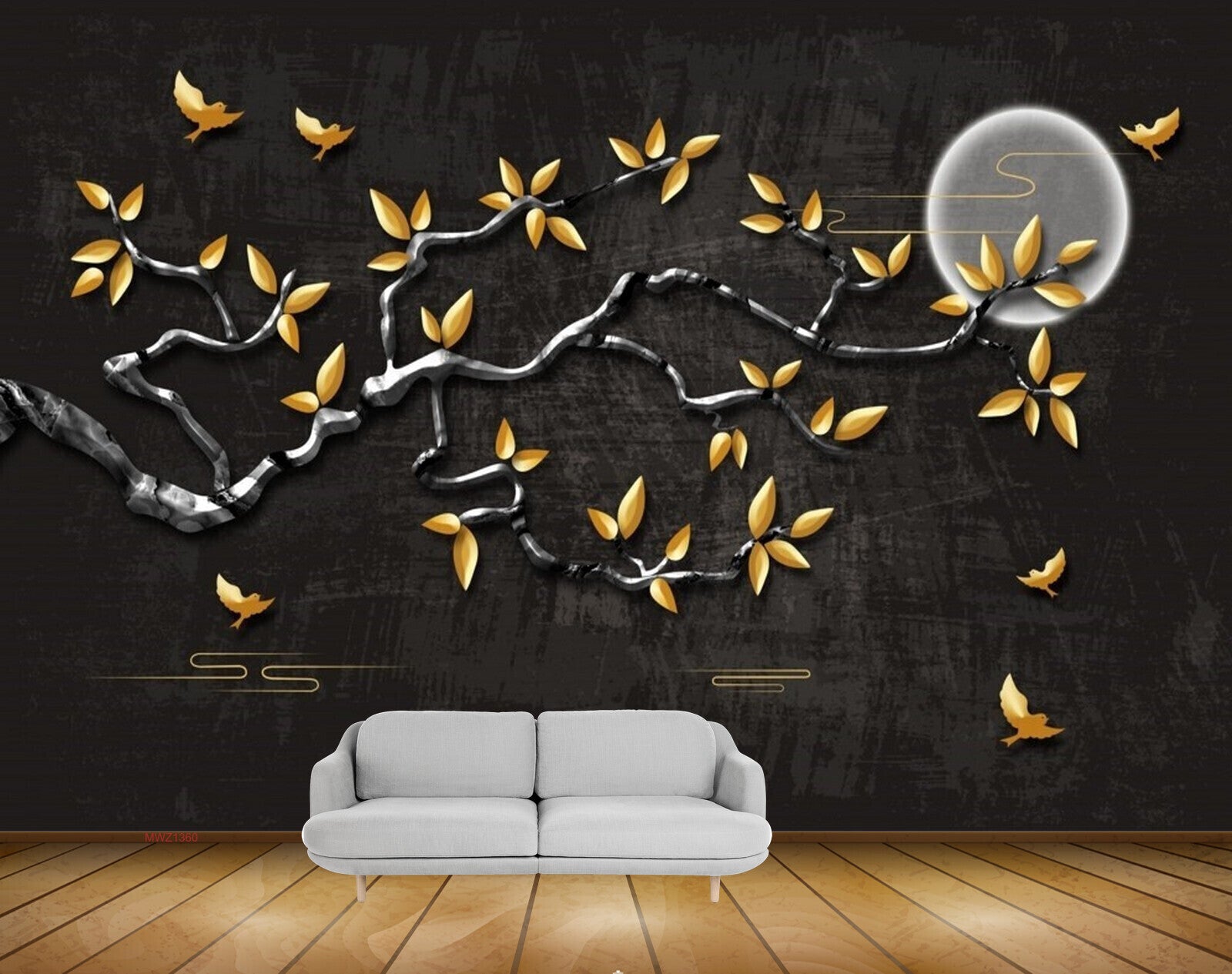 Avikalp MWZ1360 Orange Flowers Branches Moon Birds 3D HD Wallpaper