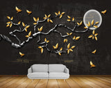 Avikalp MWZ1360 Orange Flowers Branches Moon Birds 3D HD Wallpaper