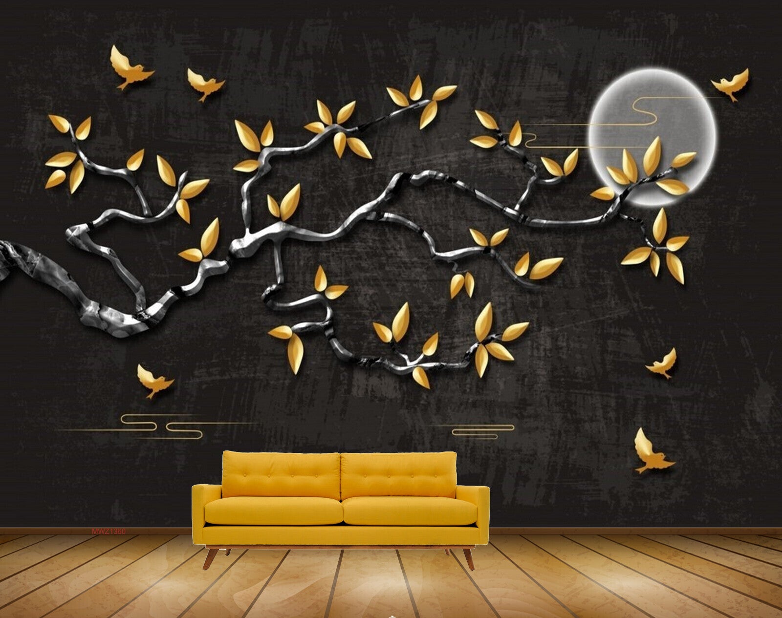 Avikalp MWZ1360 Orange Flowers Branches Moon Birds 3D HD Wallpaper