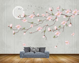 Avikalp MWZ1363 White Pink Flowers Moon Birds HD Wallpaper