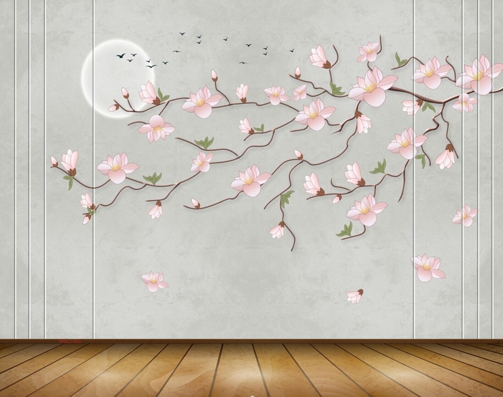 Avikalp MWZ1363 White Pink Flowers Moon Birds 3D HD Wallpaper