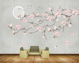 Avikalp MWZ1363 White Pink Flowers Moon Birds 3D HD Wallpaper