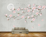 Avikalp MWZ1363 White Pink Flowers Moon Birds 3D HD Wallpaper