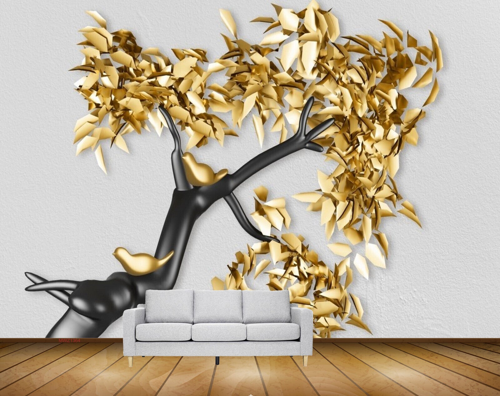 Avikalp MWZ1364Golden Leaves Birds Branches 3D HD Wallpaper