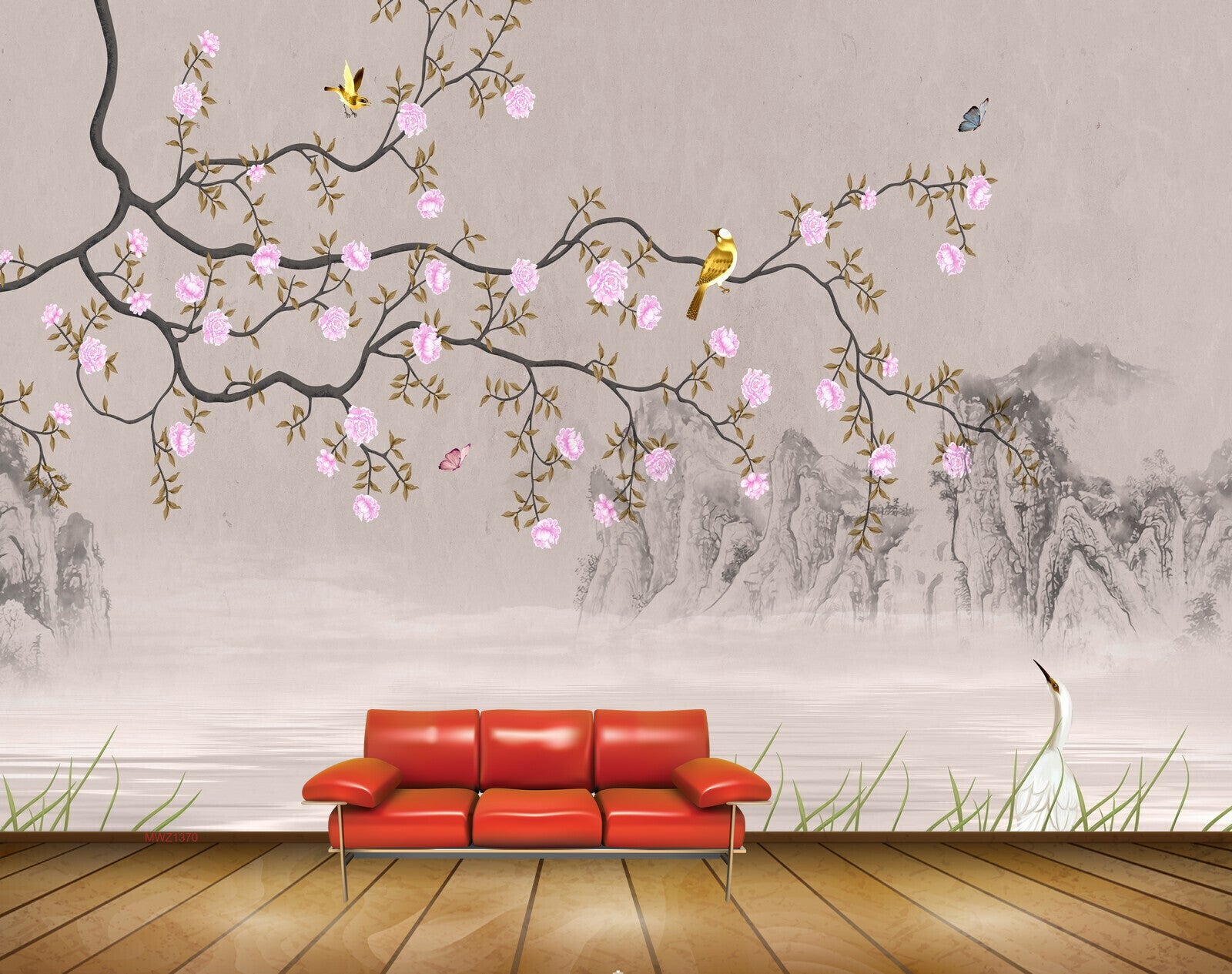 Avikalp MWZ1370 Pink Flowers Branches Birds Crane Boat Butterflies HD Wallpaper