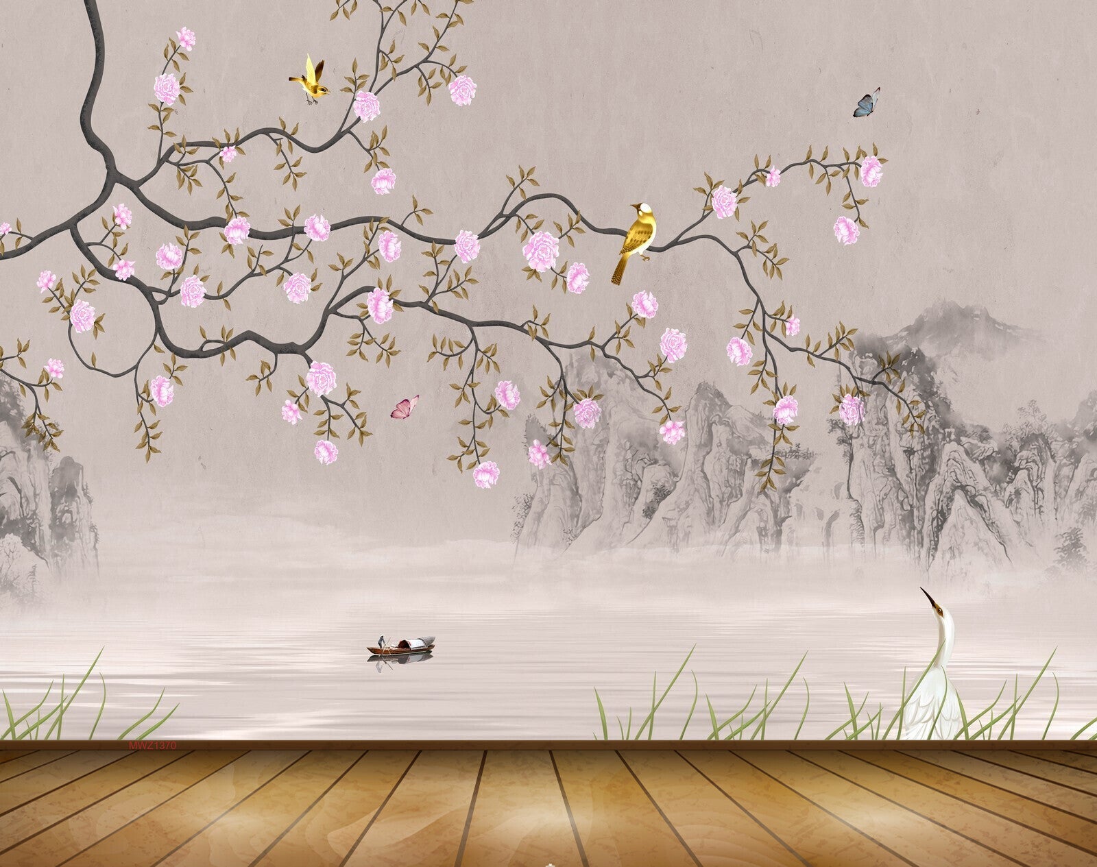Avikalp MWZ1370 Pink Flowers Branches Birds Crane Boat Butterflies 3D HD Wallpaper