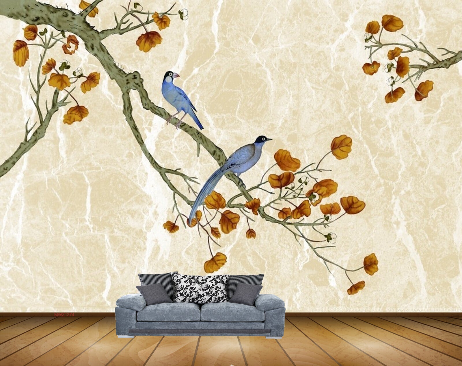 Avikalp MWZ1374 Orange Branches Birds 3D HD Wallpaper