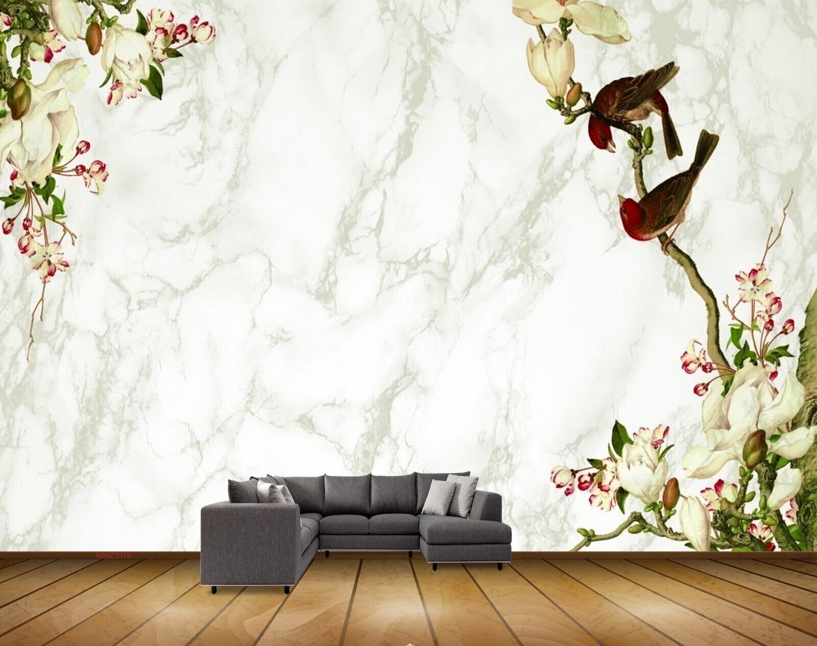 Avikalp MWZ1379 White Pink Flowers Birds HD Wallpaper