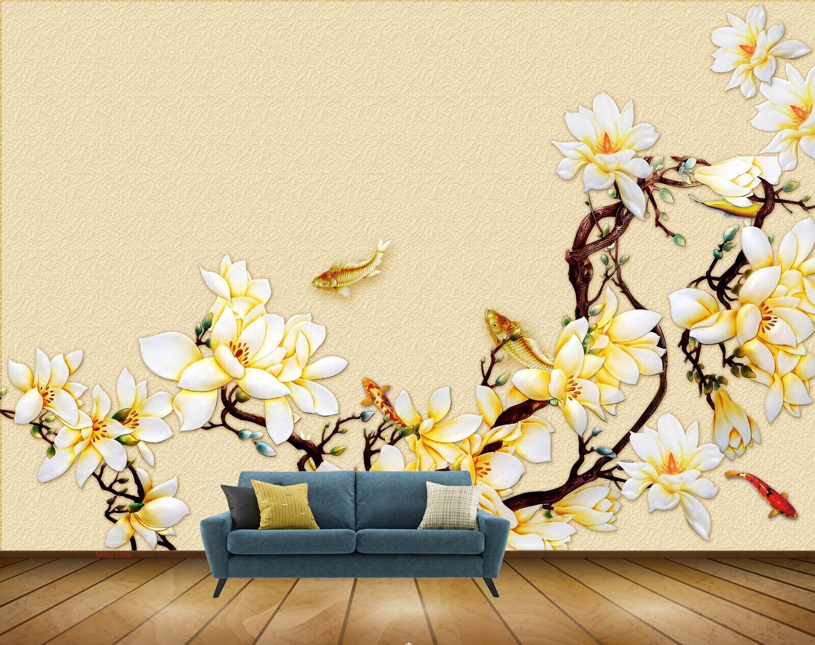 Avikalp MWZ1382 White Yellow Flowers Fishes Branches 3D HD Wallpaper