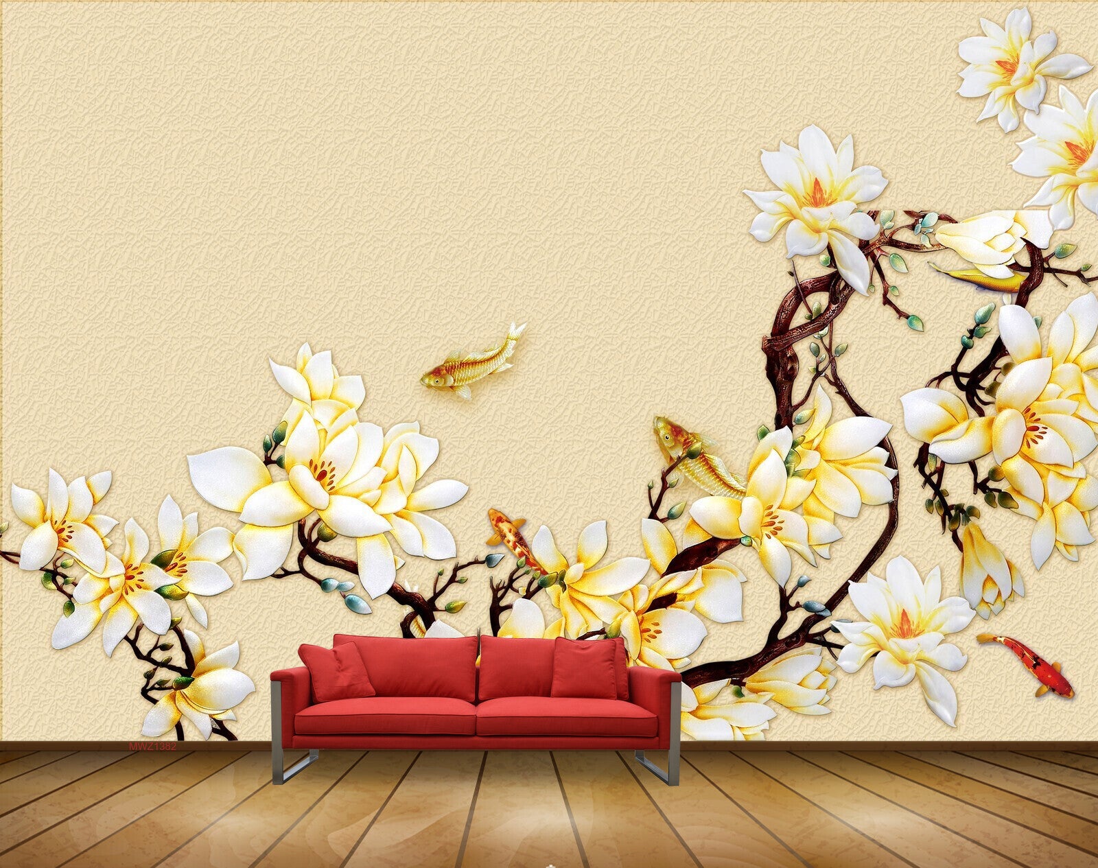 Avikalp MWZ1382 White Yellow Flowers Fishes Branches 3D HD Wallpaper