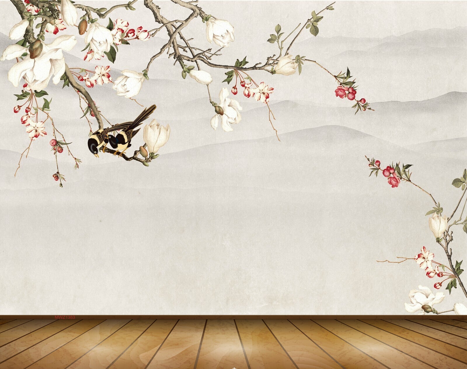 Avikalp MWZ1383 White Red Flowers Branches Birds 3D HD Wallpaper