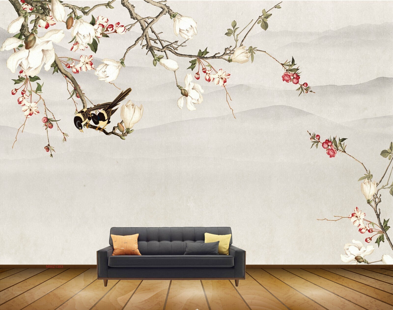 Avikalp MWZ1383 White Red Flowers Branches Birds 3D HD Wallpaper