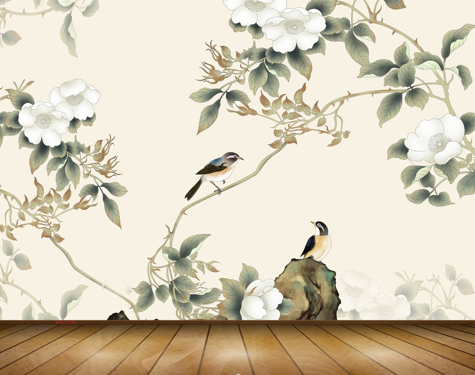 Avikalp MWZ1386 White Flowers Leaves Birds 3D HD Wallpaper