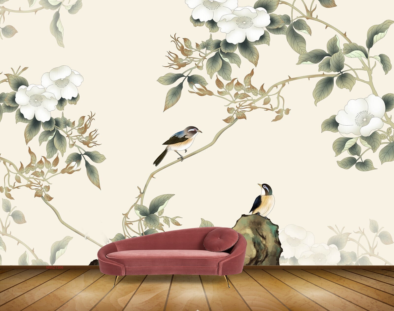 Avikalp MWZ1386 White Flowers Leaves Birds 3D HD Wallpaper