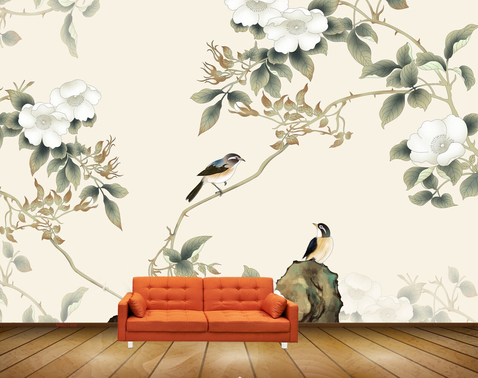 Avikalp MWZ1386 White Flowers Leaves Birds 3D HD Wallpaper
