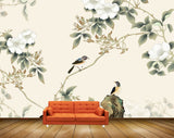 Avikalp MWZ1386 White Flowers Leaves Birds 3D HD Wallpaper
