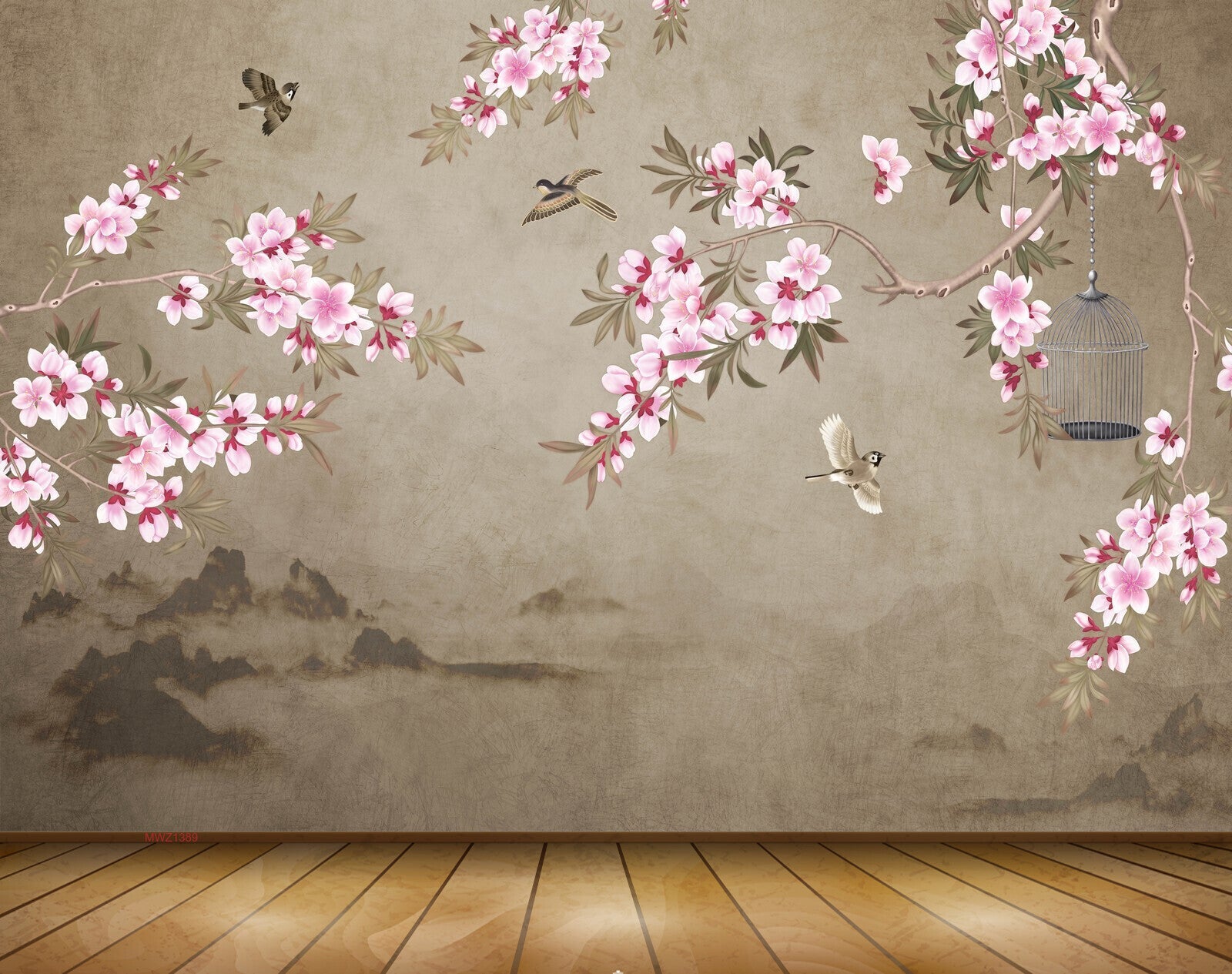 Avikalp MWZ1389 Pink White Flowers Birds Cage 3D HD Wallpaper