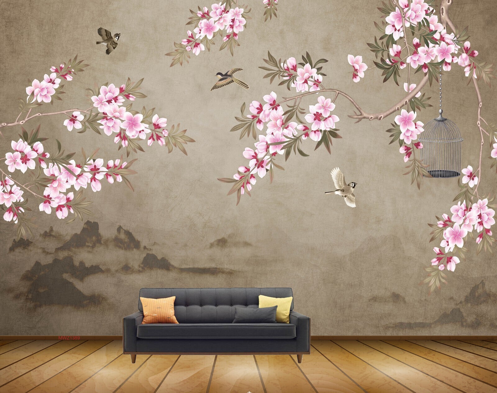 Avikalp MWZ1389 Pink White Flowers Birds Cage 3D HD Wallpaper