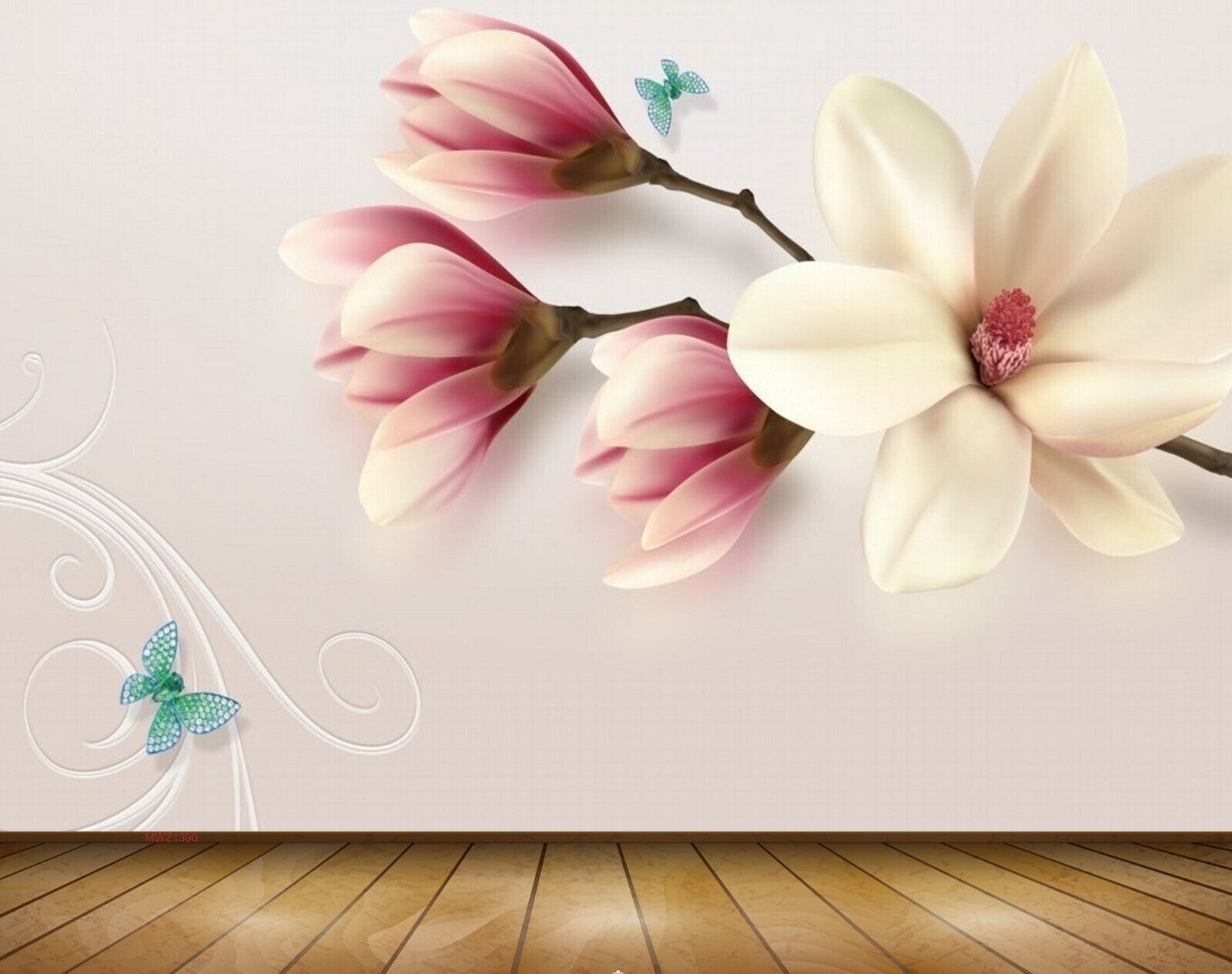 Avikalp MWZ1390 Pink White Flowers Butterflies 3D HD Wallpaper
