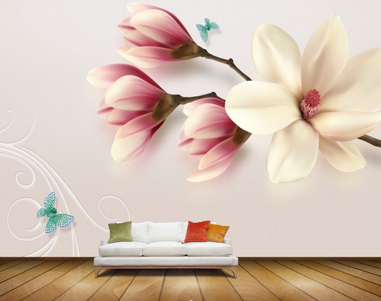 Avikalp MWZ1390 Pink White Flowers Butterflies 3D HD Wallpaper