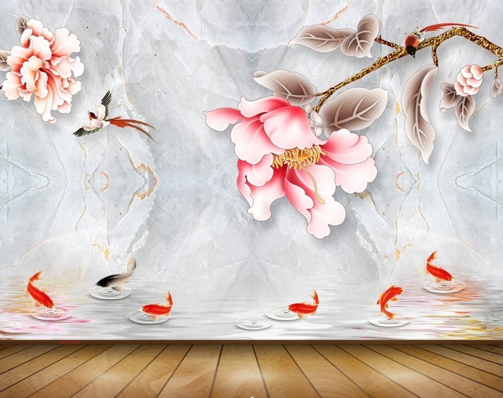 Avikalp MWZ1391 Pink White Flowers Fishes Birds 3D HD Wallpaper