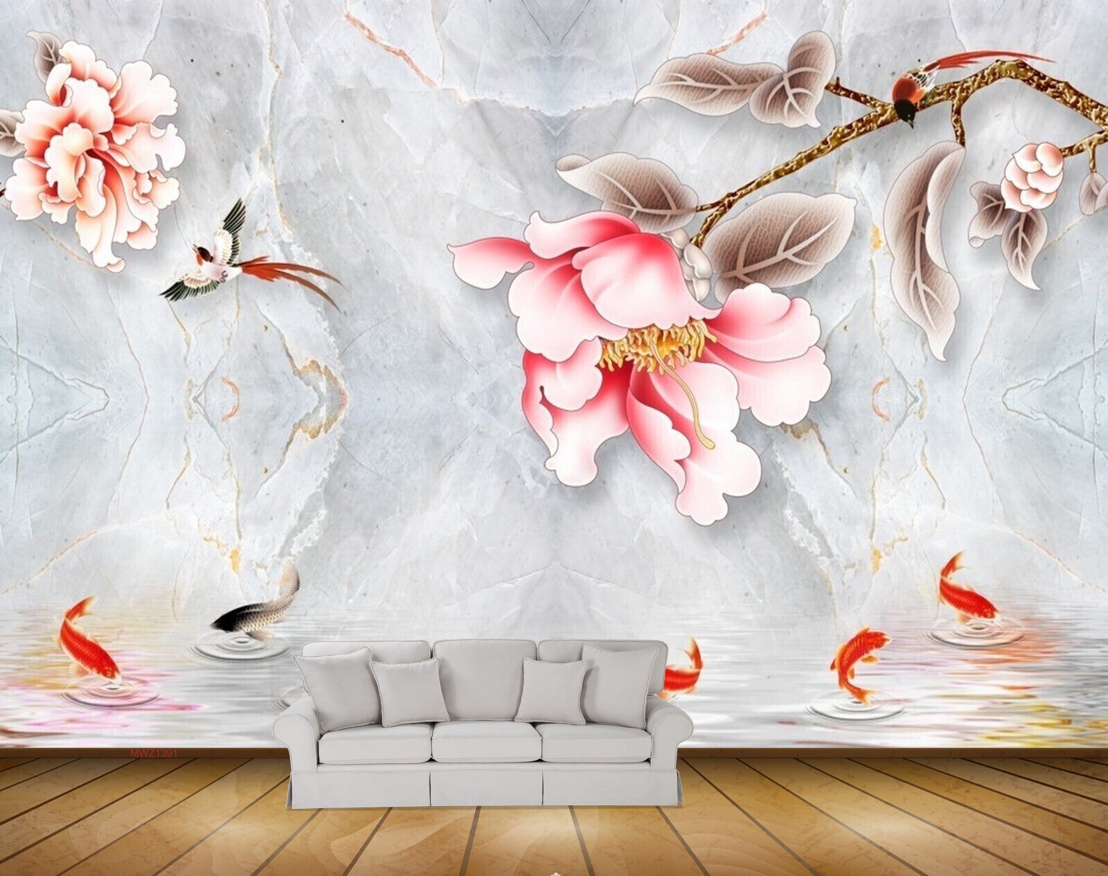 Avikalp MWZ1391 Pink White Flowers Fishes Birds 3D HD Wallpaper