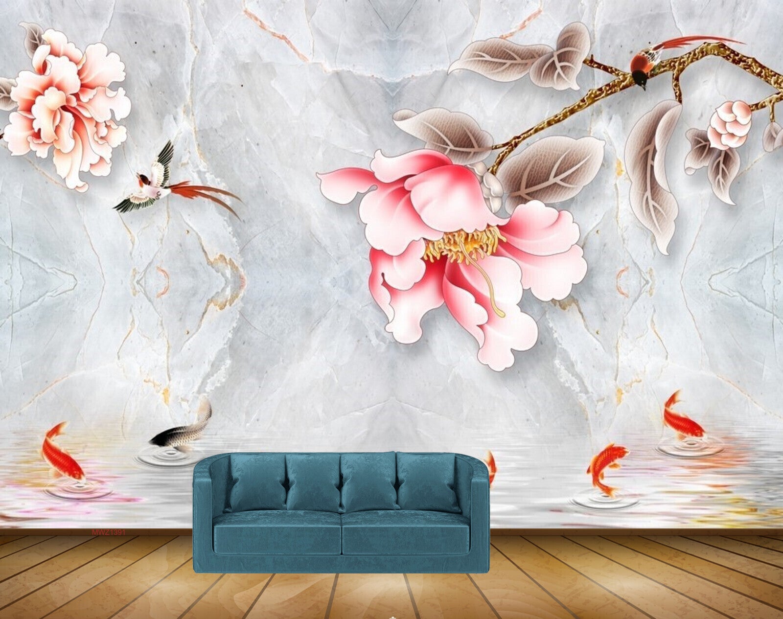 Avikalp MWZ1391 Pink White Flowers Fishes Birds 3D HD Wallpaper
