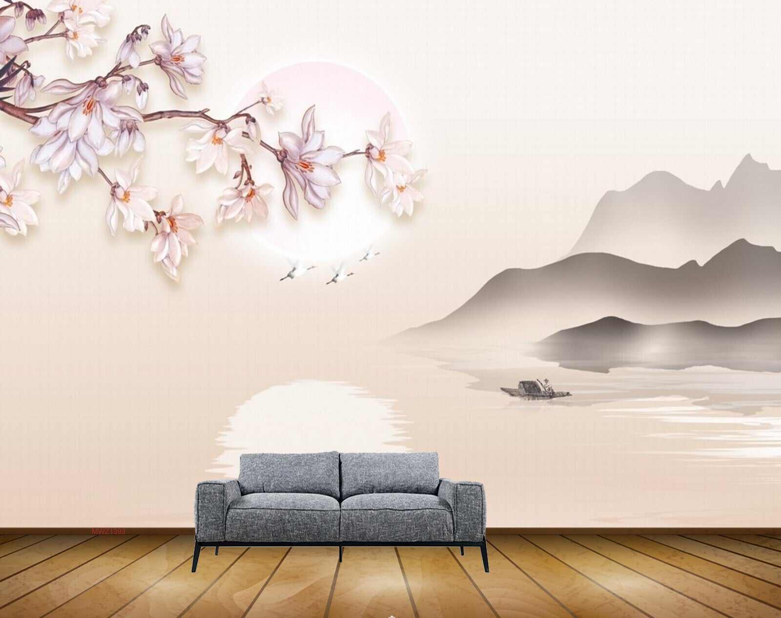 Avikalp MWZ1393 Pink White Flowers Mountains Birds River Sun HD Wallpaper