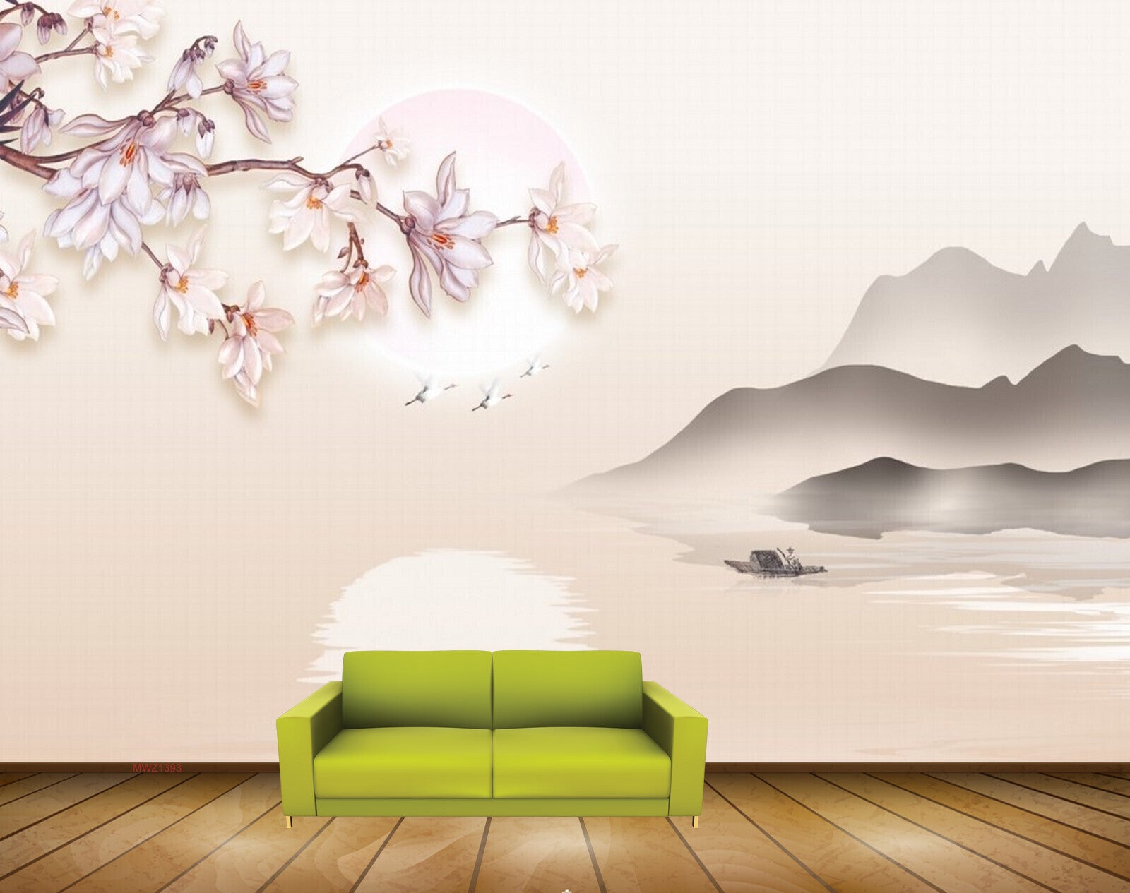 Avikalp MWZ1393 Pink White Flowers Mountains Birds River Sun 3D HD Wallpaper