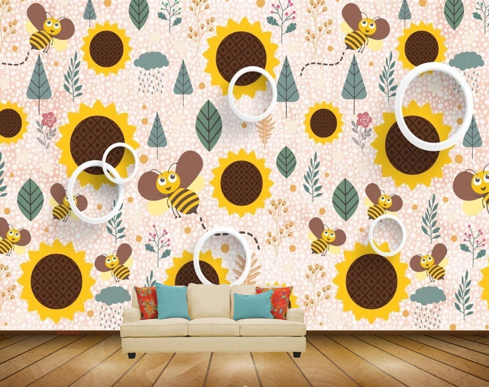 Avikalp MWZ1416 Yellow Sunflowers Honeybees Leaves HD Wallpaper