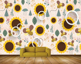 Avikalp MWZ1416 Yellow Sunflowers Honeybees Leaves 3D HD Wallpaper