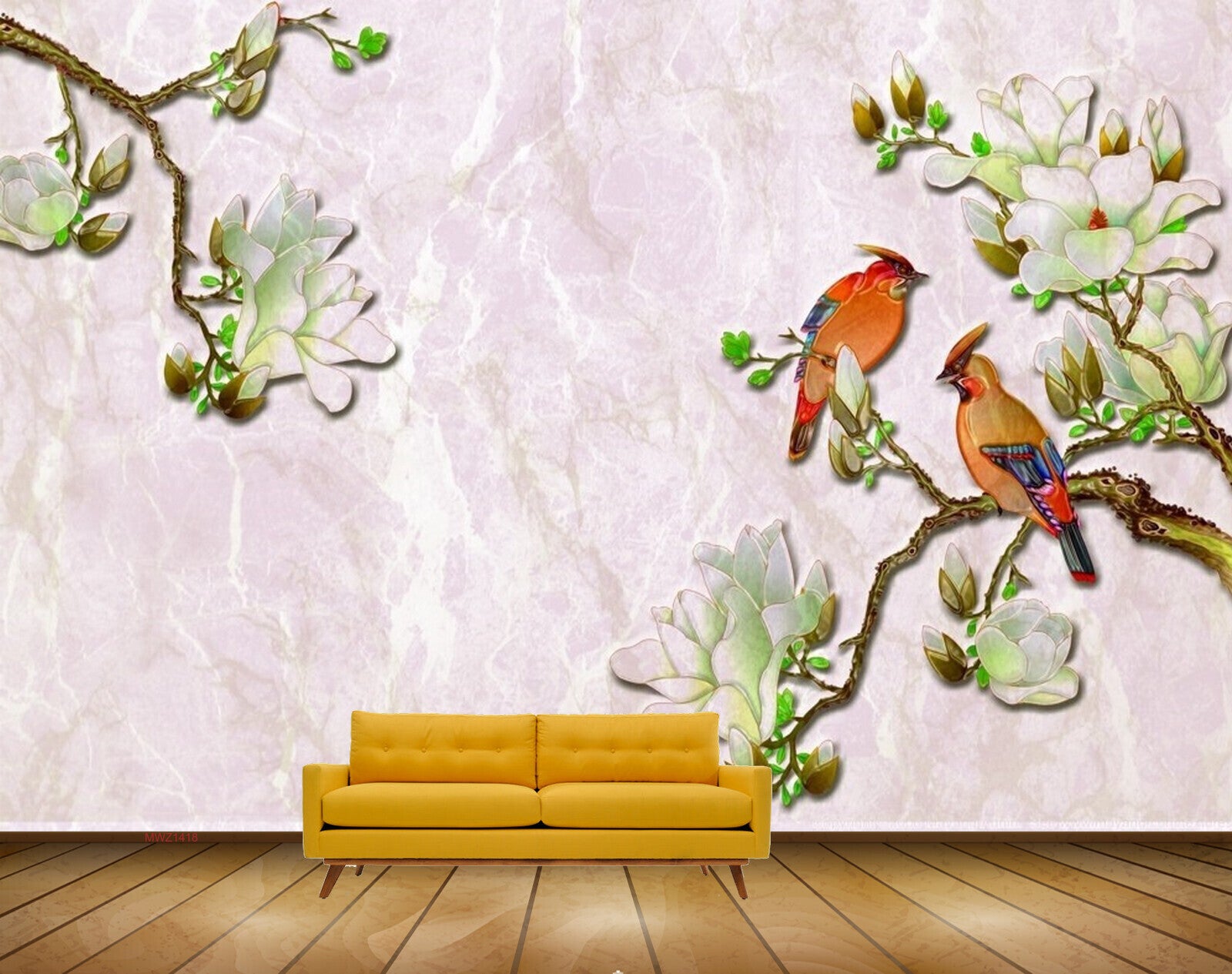 Avikalp MWZ1418 White Green Flowers Birds HD Wallpaper