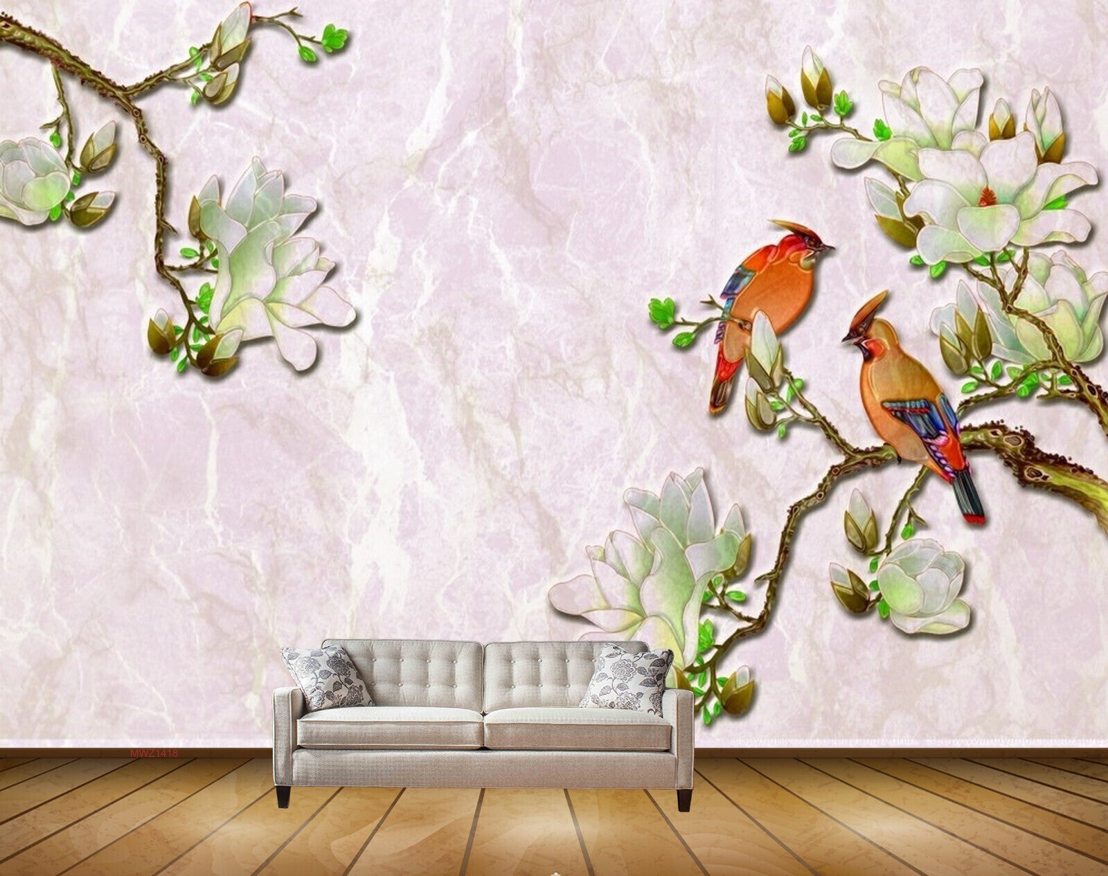 Avikalp MWZ1418 White Green Flowers Birds 3D HD Wallpaper