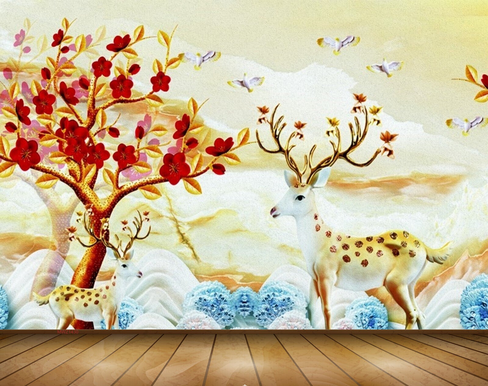 Avikalp MWZ1430 Red Flowers Trees Deers Birds 3D HD Wallpaper